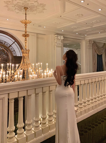 Chic Sheath Spaghetti Straps Long White Prom Dresses Birthday Outfits SD566