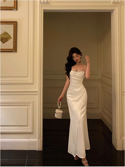 Chic Sheath Spaghetti Straps Long White Prom Dresses Birthday Outfits SD566