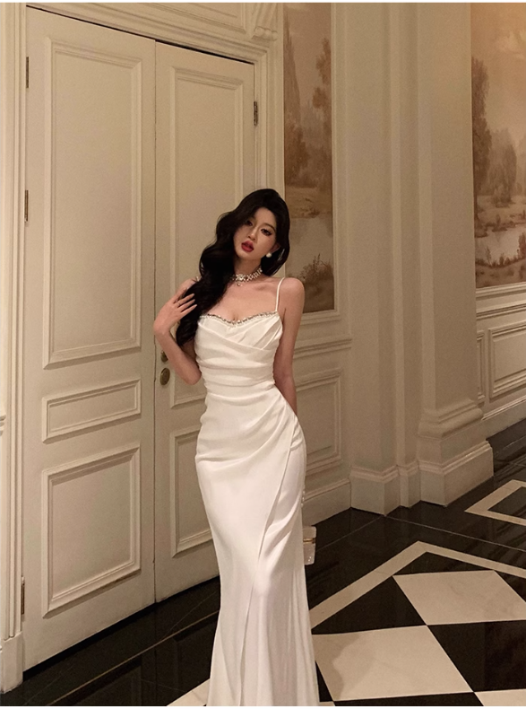 Chic Sheath Spaghetti Straps Long White Prom Dresses Birthday Outfits SD566