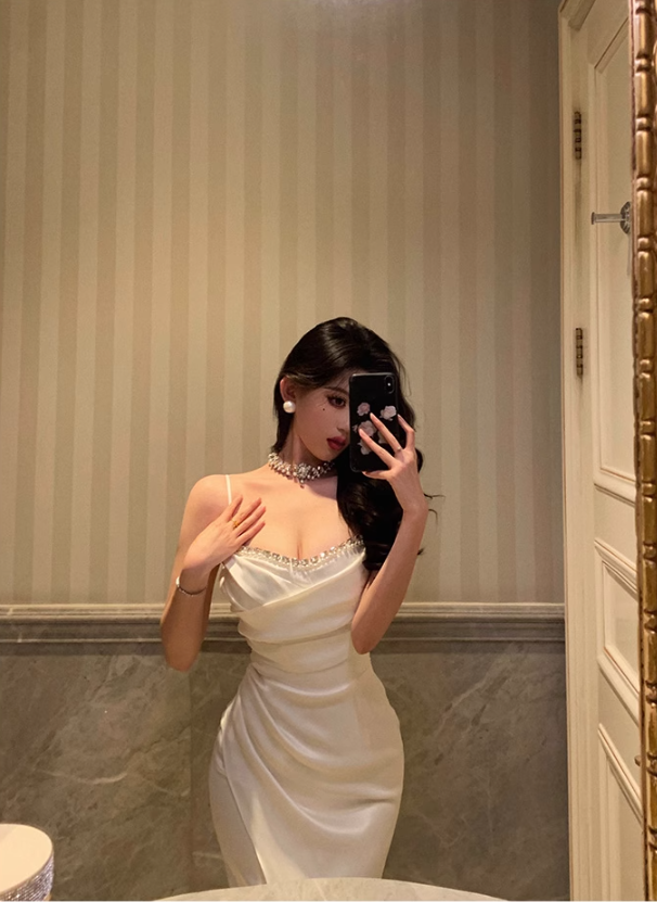 Chic Sheath Spaghetti Straps Long White Prom Dresses Birthday Outfits SD566