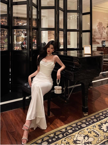 Chic Sheath Spaghetti Straps Long White Prom Dresses Birthday Outfits SD566