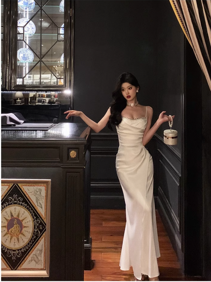 Chic Sheath Spaghetti Straps Long White Prom Dresses Birthday Outfits SD566