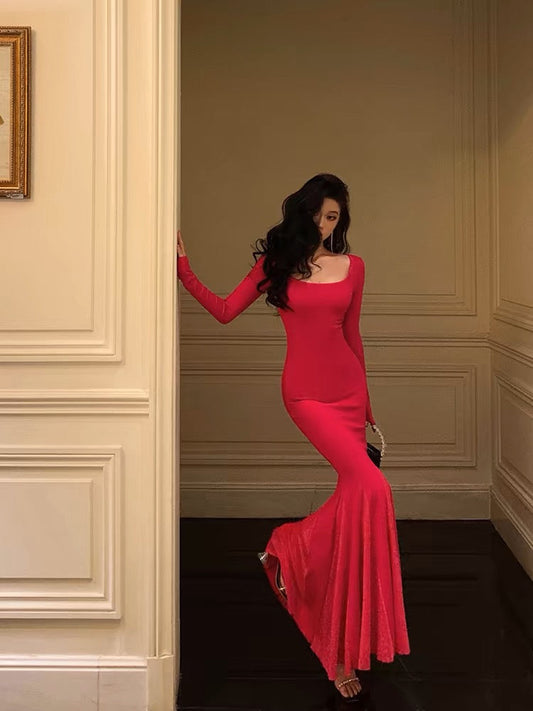 Sexy Mermaid Square Neckline Long Sleeves Pink Prom Dresses Birthday Outfits SD593