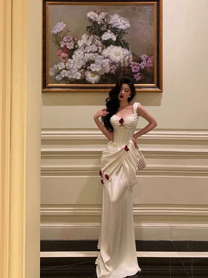 Sexy Mermaid Straps White Long Satin Prom Dresses Birthday Outfits SD594