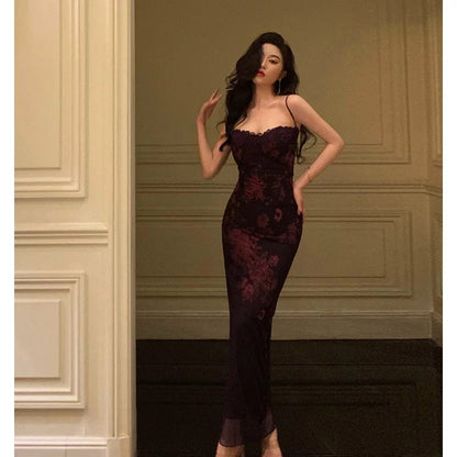 Sexy Sheath Spaghetti Straps Lace Grape Ankle Length Prom Dresses Birthday Outfits SD596