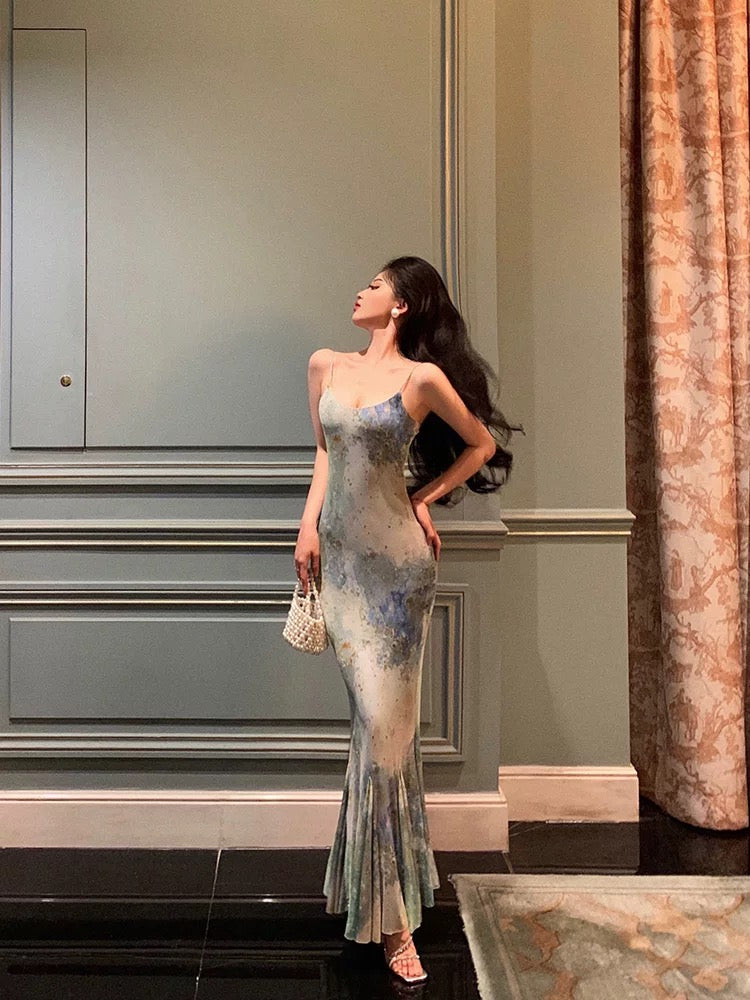 Sexy Sheath Spaghetti Straps Oil Painting Long Prom Dresses Birthday Outfits SD617