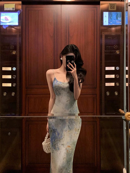 Sexy Sheath Spaghetti Straps Oil Painting Long Prom Dresses Birthday Outfits SD617