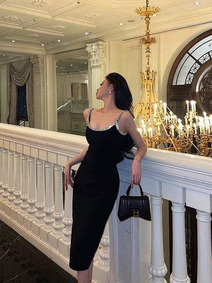 Sexy Sheath Spaghetti Straps Sleeveless Black Knee Length Prom Dresses Birthday Outfits SD618