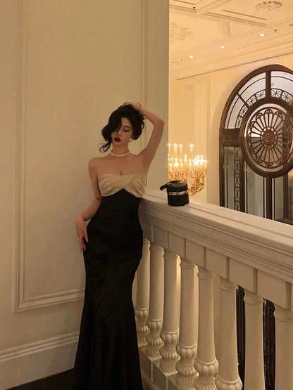 Sexy Mermaid Strapless Sleeveless Black Ankle Length Ruffle Prom Dresses Birthday Outfits SD623