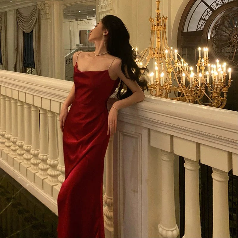 Sexy Sheath Spaghetti Straps Sleeveless Red Ankle Length Prom Dresses Birthday Outfits SD648