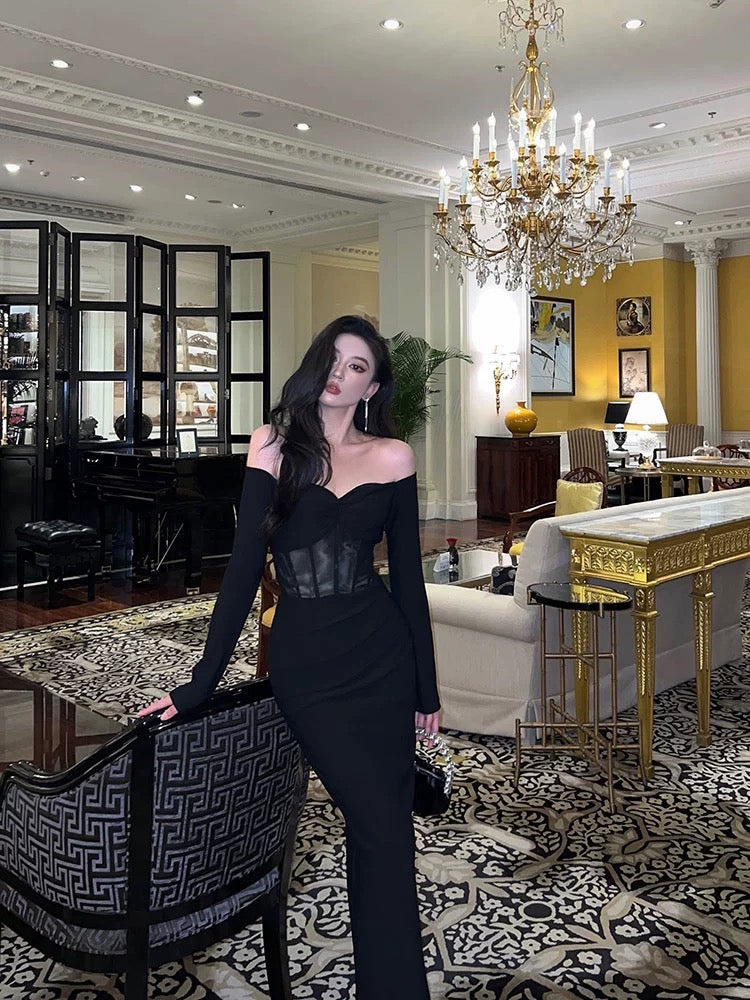 Gorgeous Mermaid Off The Shoulder Long Sleeves Date Night Dress Black Prom Dresses Birthday Outfits SD652