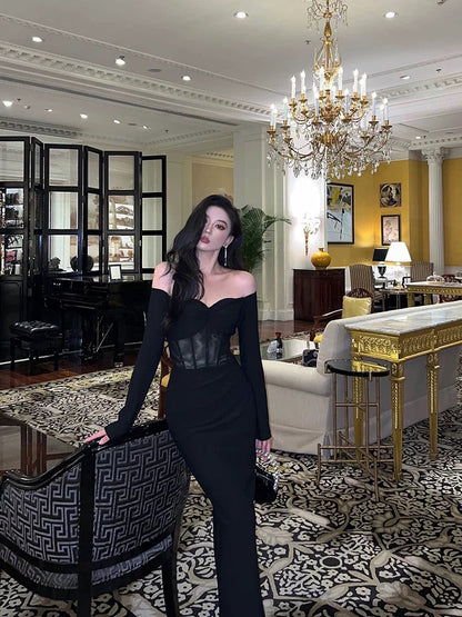 Gorgeous Mermaid Off The Shoulder Long Sleeves Date Night Dress Black Prom Dresses Birthday Outfits SD652
