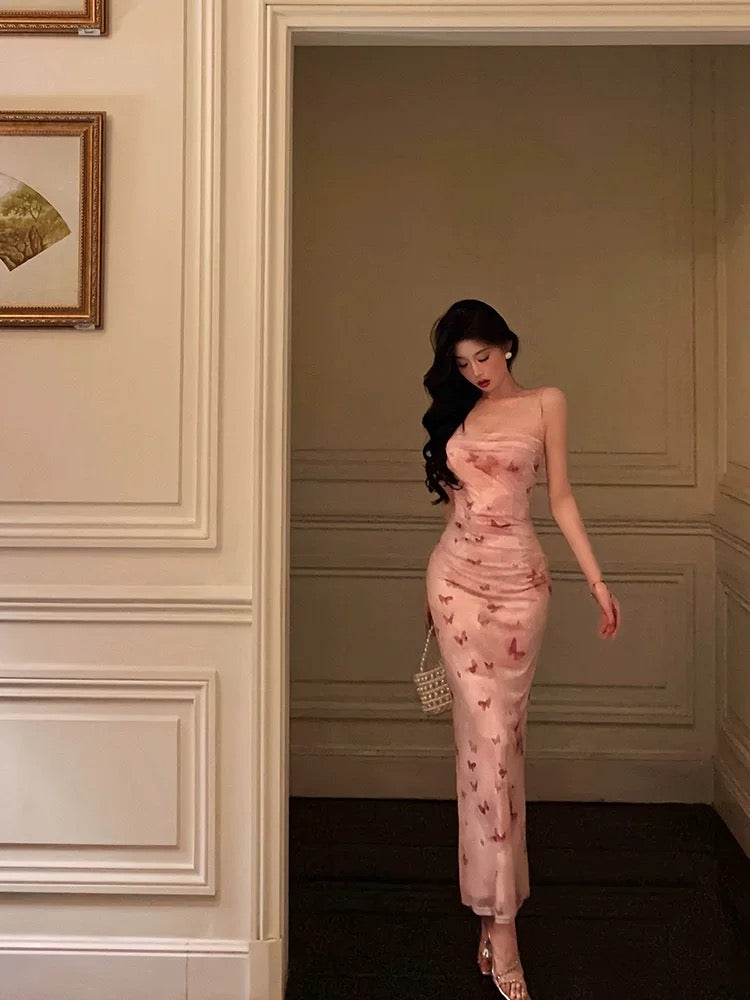 Sexy Mermaid Spaghetti Straps Floral Pink Prom Dresses Ankle Length Birthday Outfits SD678