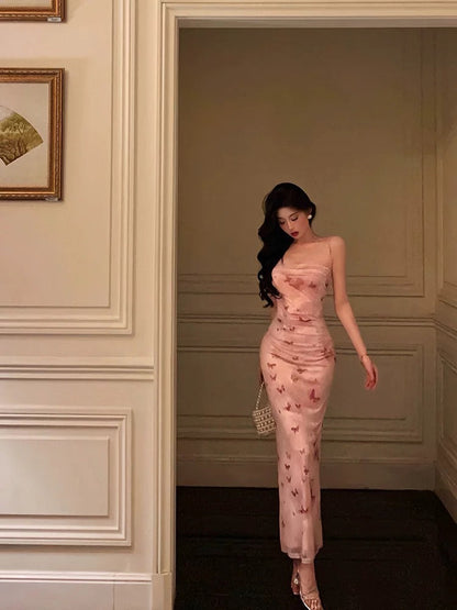 Sexy Mermaid Spaghetti Straps Floral Pink Prom Dresses Ankle Length Birthday Outfits SD678