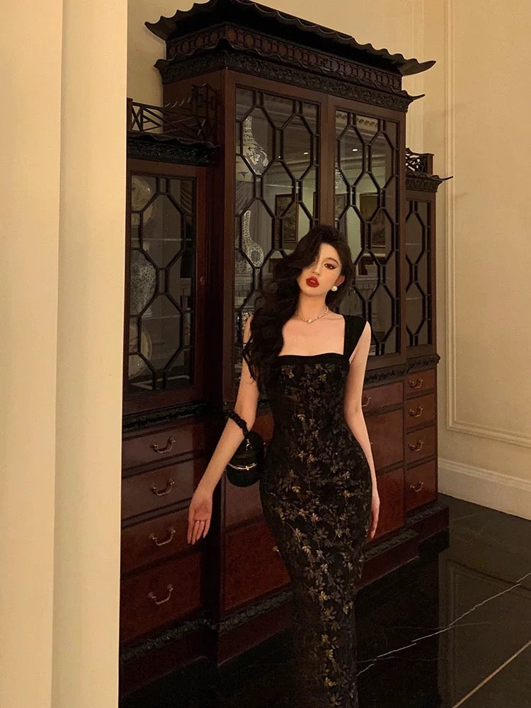 Classy Mermaid Square Neckline Sleeveless Black Lace Prom Dresses Birthday Outfits SD691