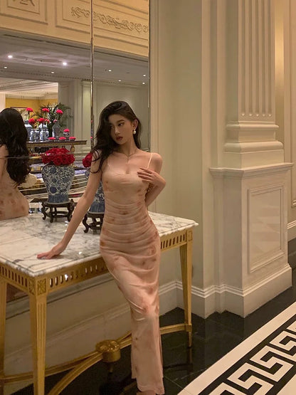 Sexy Sheath Spaghetti Straps Floral Pink Prom Dresses Tea Length Birthday Outfit SD707