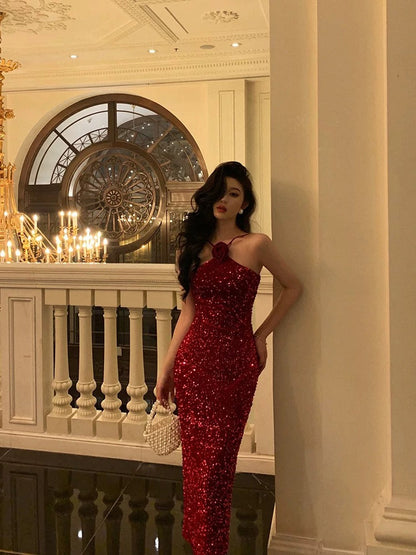 Sexy Sheath Halter Sleeveless Flower Sequin Date Night Dress Prom Dresses Birthday Outfits SD767