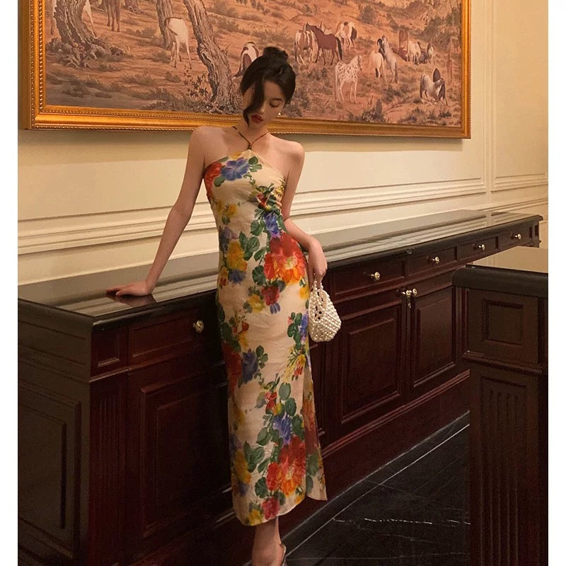 Stunning Sheath Halter Sleeveless Floral Date Night Dress Prom Dresses Birthday Outfit SD772