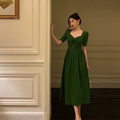 Stunning A Line Square Neckline Half Sleeves Dark Green Pleated Prom Dresses Birthday Outfit SD775