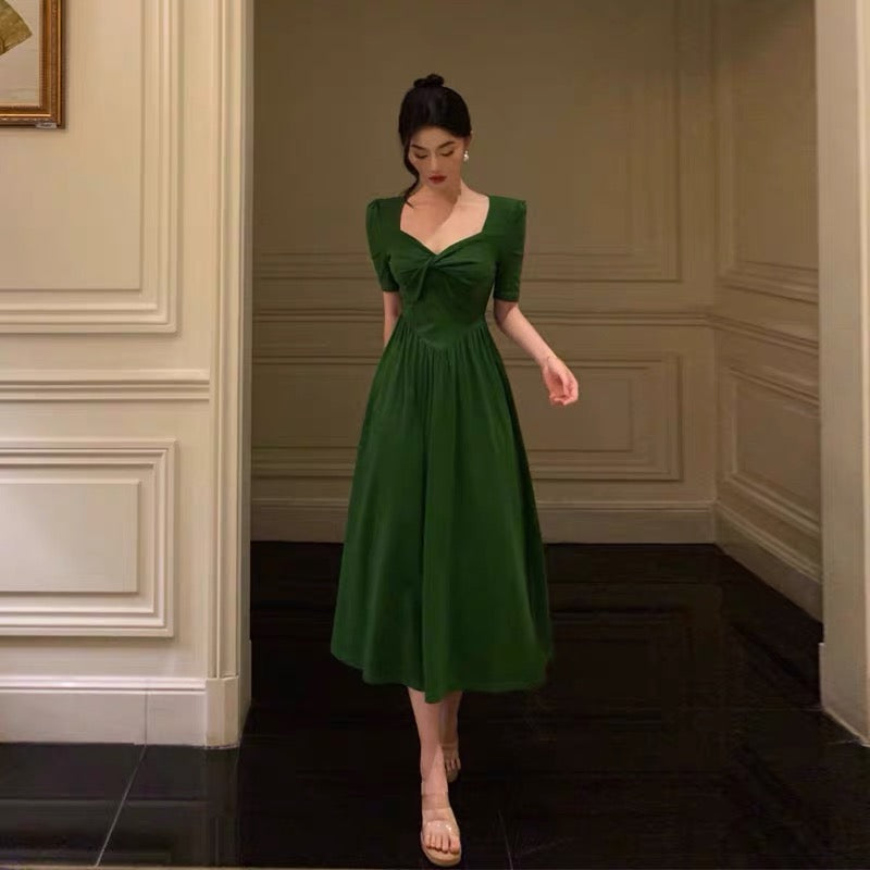 Stunning A Line Square Neckline Half Sleeves Dark Green Pleated Prom Dresses Birthday Outfit SD775