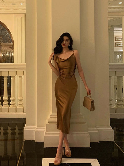 Sexy Sheath Spaghetti Straps Brown Satin Tea Length Slit Prom Dresses Birthday Outfit SD776