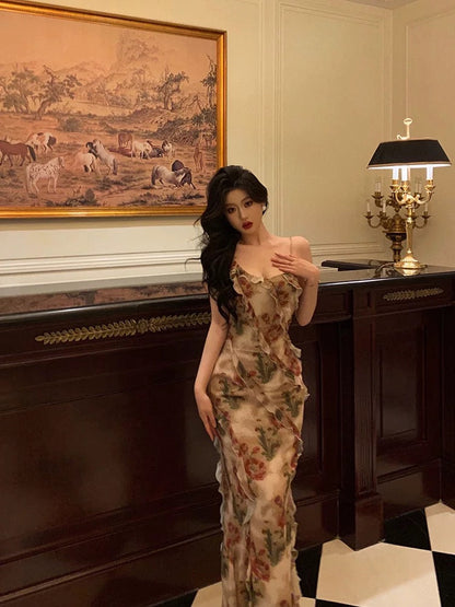 Stunning Mermaid Spaghetti Straps Floral Ruffles Long Prom Dresses Birthday Outfit SD781