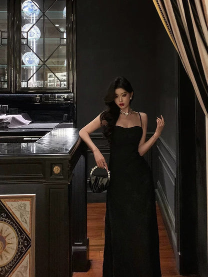 French A line Spaghetti Straps Black Long Lace Prom Dresses Birthday Outfits Evening Gown SD789