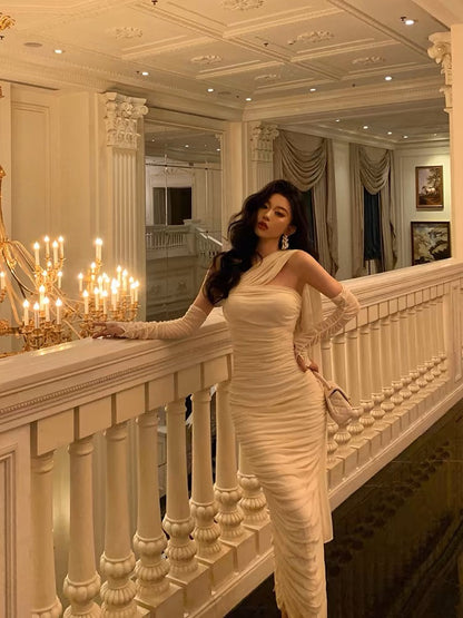 Stunning Sheath Strapless Sleeveless White Date Night Dress Ruffles Prom Dresses Birthday Outfit SD793