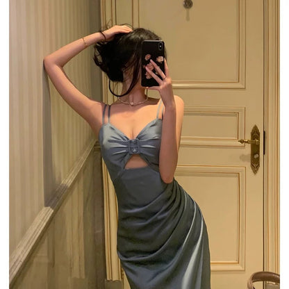 Stunning Sheath Spaghetti Straps Dusty Blue Date Night Dress Prom Dresses Birthday Outfit SD800