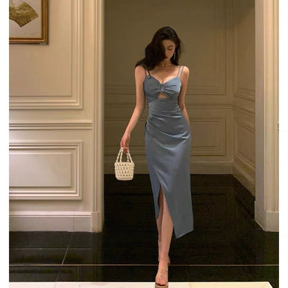 Stunning Sheath Spaghetti Straps Dusty Blue Date Night Dress Prom Dresses Birthday Outfit SD800