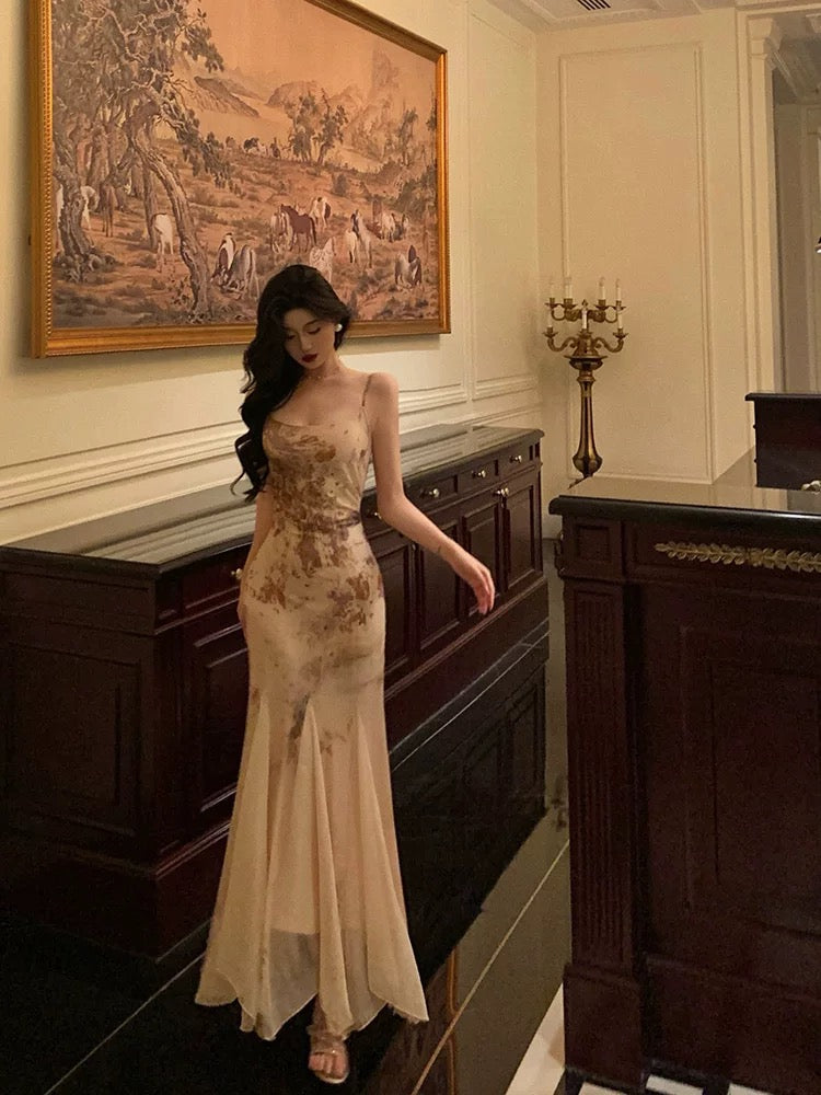 Stunning Mermaid Spaghetti Straps Champagne Floral Date Night Dress Prom Dresses Birthday Outfit SD801