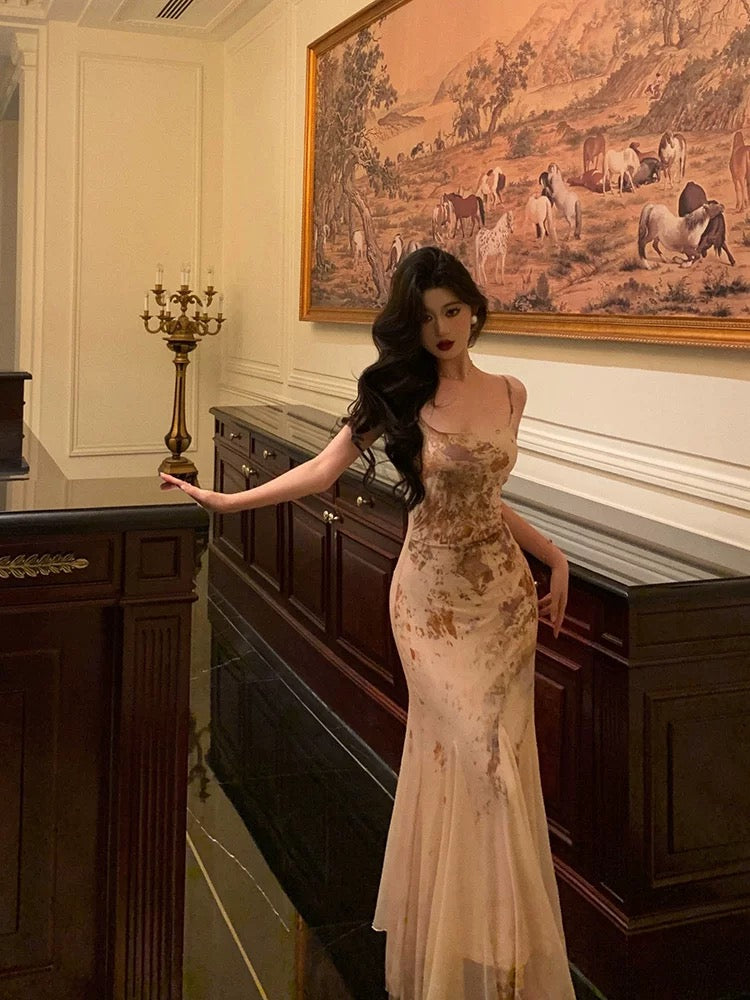 Stunning Mermaid Spaghetti Straps Champagne Floral Date Night Dress Prom Dresses Birthday Outfit SD801