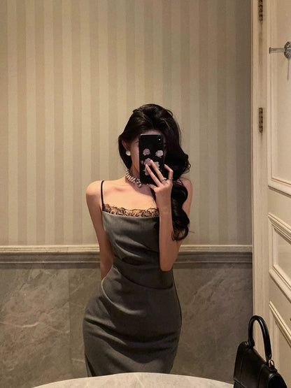 Pretty Sheath Spaghetti Straps Pleated Gray Prom Dresses Birthday Outfits Evening Gown SD805