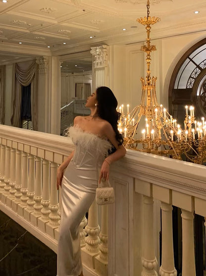 Stunning Sheath Strapless White Feather Date Night Dress Prom Dresses Birthday Outfit SD808