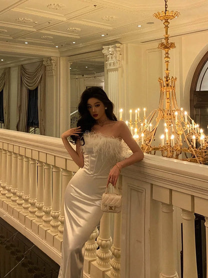 Stunning Sheath Strapless White Feather Date Night Dress Prom Dresses Birthday Outfit SD808