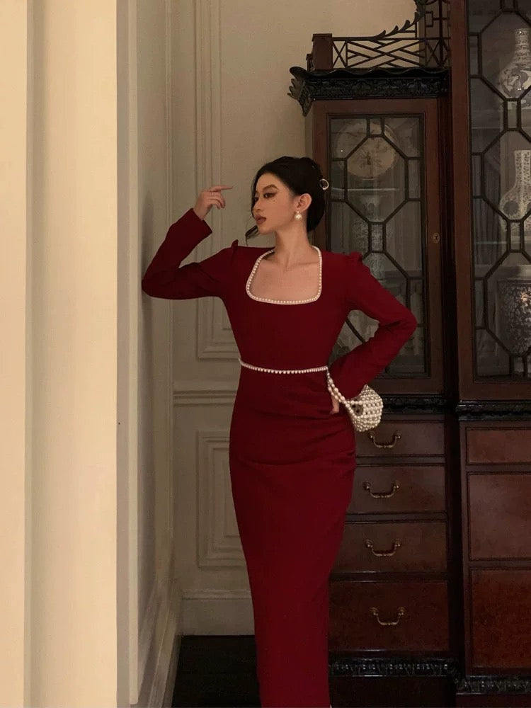 Stunning Sheath Square Neckline Long Sleeves Date Night Dress Red Prom Dresses Birthday Outfit SD839