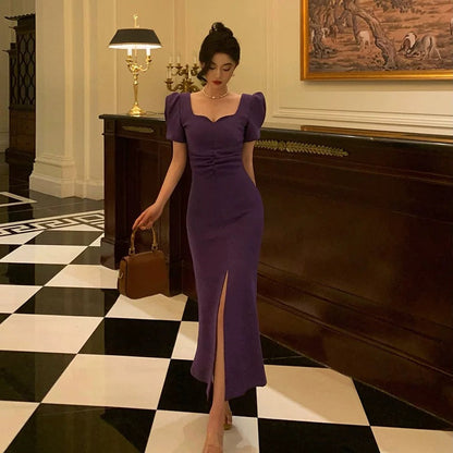 Stunning Sheath Square Neckline Short Sleeves Date Night Dress Grape Prom Dresses Birthday Outfit SD842