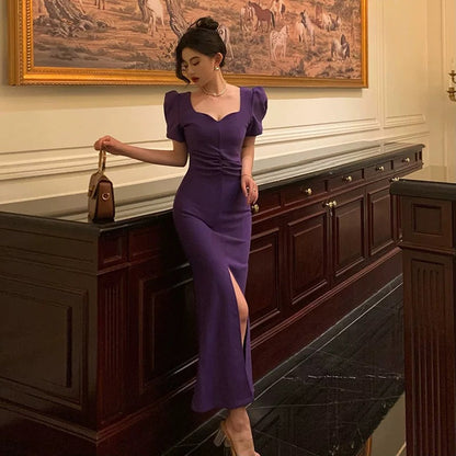 Stunning Sheath Square Neckline Short Sleeves Date Night Dress Grape Prom Dresses Birthday Outfit SD842