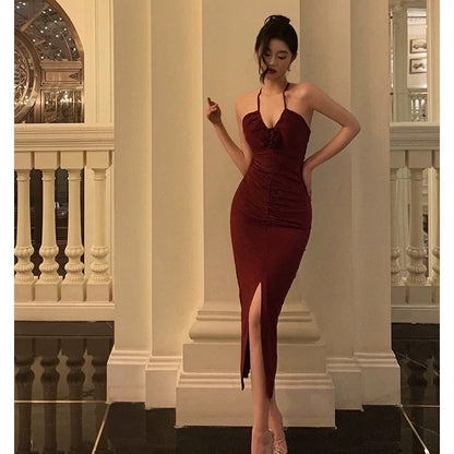 Stunning Sheath Halter Date Night Dress Prom Dresses Red Birthday Party Outfit SD855