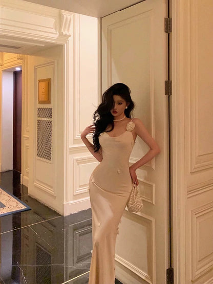 Classy Sheath Spaghetti Straps Satin Flowers Prom Dresses Birthday Outfits SD861