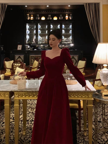 Stunning A line Square Neckline Long Sleeves Red Velvet Date Night Dress Prom Dresses Birthday Party Outfit SD872