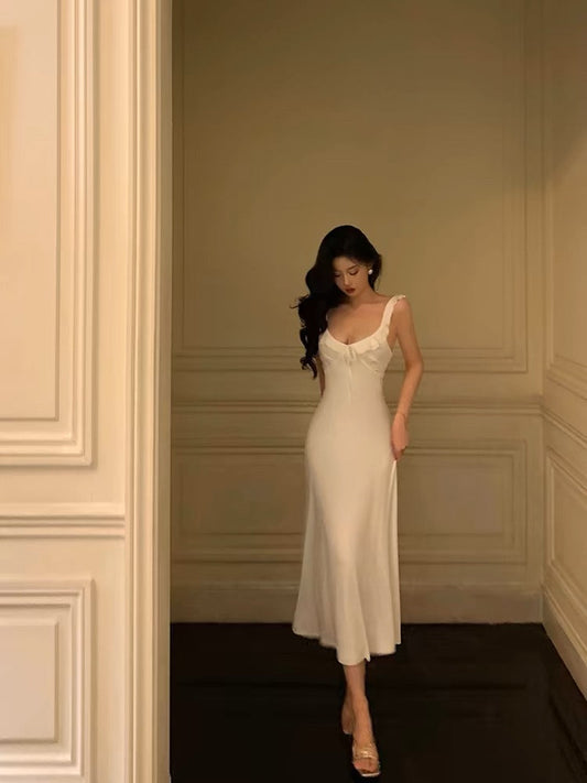 Classy A Line Straps White Prom Dresses Birthday Outfits Evening Gown SD909