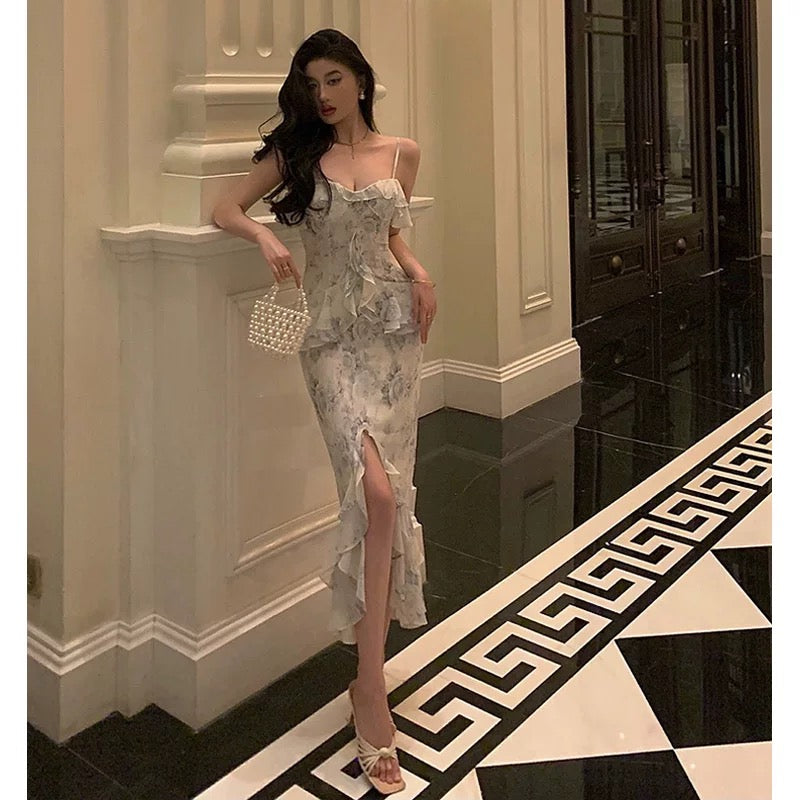 Classy Sheath Spaghetti Straps Chiffon Floral Prom Dresses Birthday Outfits Evening Gown SD912