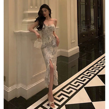 Classy Sheath Spaghetti Straps Chiffon Floral Prom Dresses Birthday Outfits Evening Gown SD912