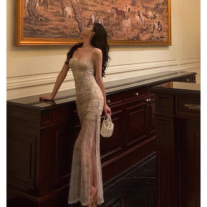 Classy Sheath Spaghetti Straps Floral Long Prom Dresses Birthday Outfits Evening Gown SD916