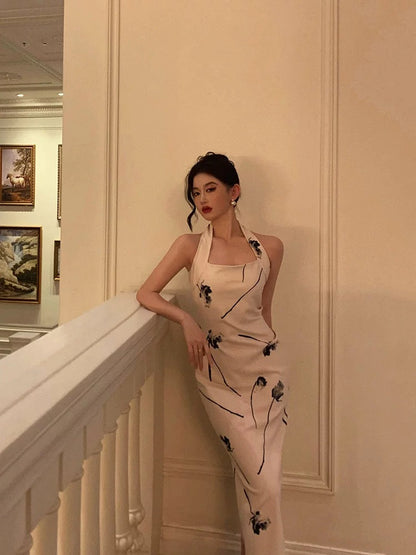 Pretty Sheath Halter Satin Floral Prom Dresses Birthday Outfits Evening Gown SD930