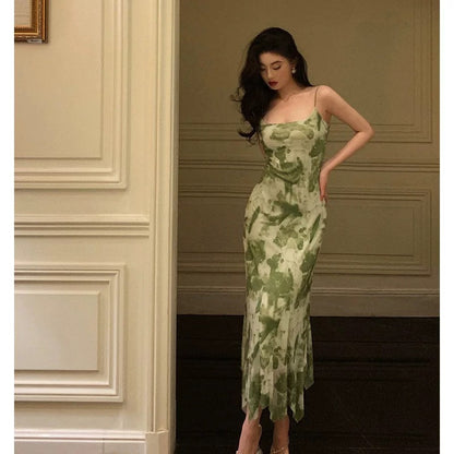 Elegant Sheath Spaghetti Straps Floral Green Prom Dresses Birthday Outfits Evening Gown SD943
