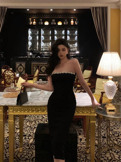 Elegant Sheath Strapless Black Prom Dresses Beads Birthday Outfits Evening Gown SD962