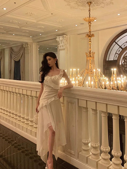 Sexy High Low Spaghetti Straps White Chiffon Ruffles Prom Dresses Birthday Outfits Evening Gown SD977