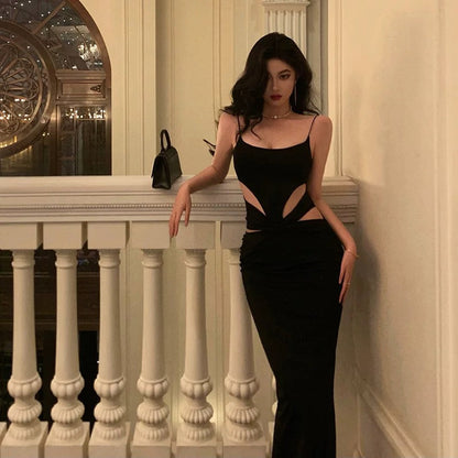 Elegant Sheath Spaghetti Straps Black Prom Dresses Birthday Outfits Evening Gown SD981